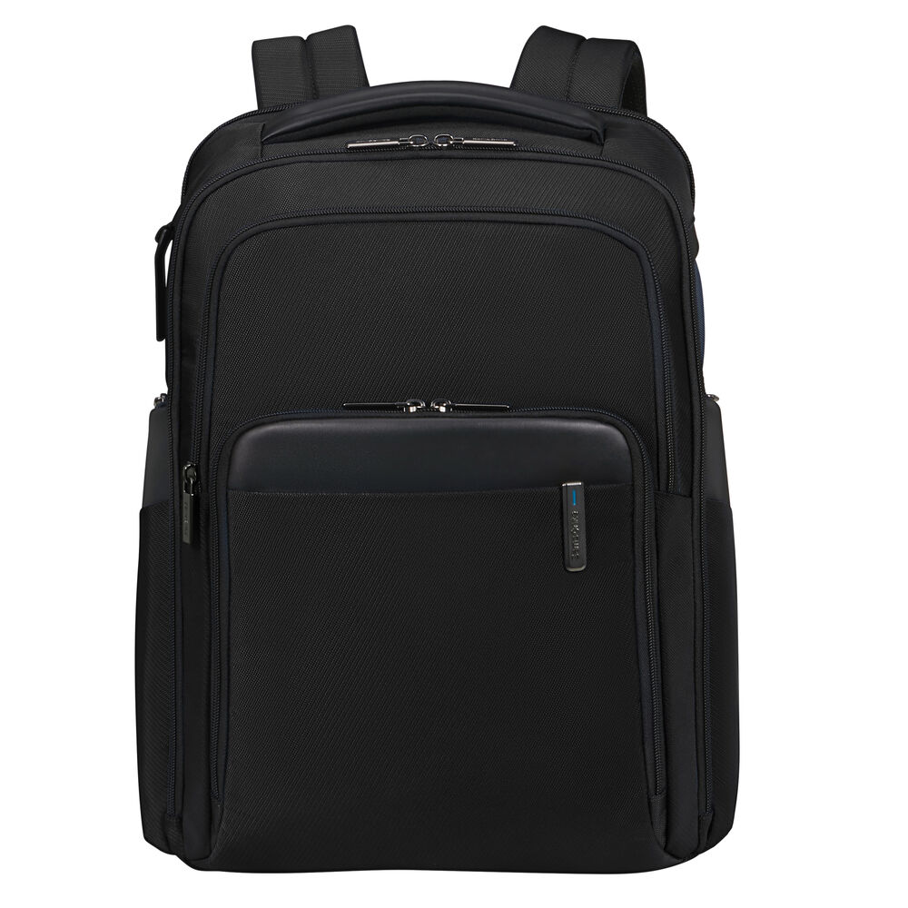 Zaino Samsonite nero. Presenta più scomparti, cerniere e una maniglia. Lo sfondo è bianco.