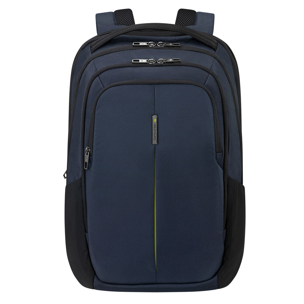Ein marineblauer Samsonite-Rucksack mit schwarzen Akzenten. Er hat mehrere Fächer und einen limettengrünen Streifen vorne.
