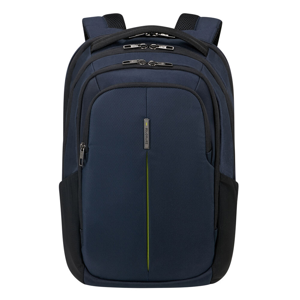 Ein marineblauer Samsonite-Rucksack mit schwarzen Akzenten. Merkmale sind mehrere Fächer, Reißverschlüsse und ein grüner vertikaler Streifen.