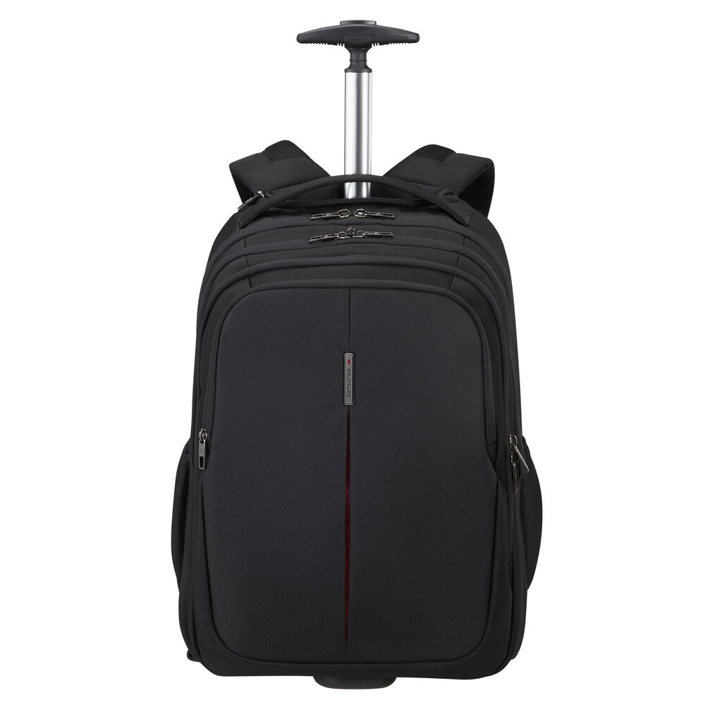 Un sac à dos à roulettes Samsonite noir avec une poignée rétractable. Il a une bande rouge et plusieurs compartiments.