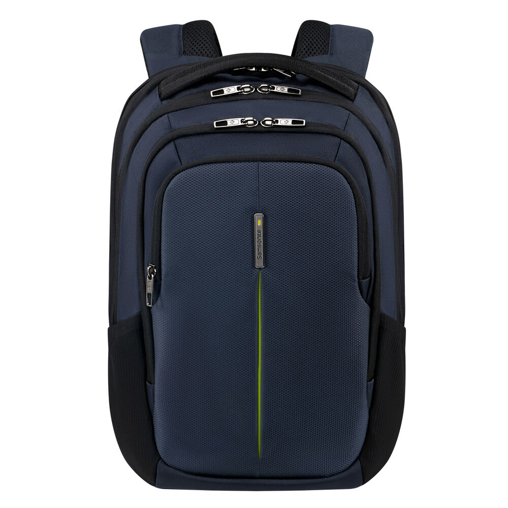 Uno zaino blu navy con una striscia verde centrale. Presenta più scomparti, cerniere e il logo Samsonite.