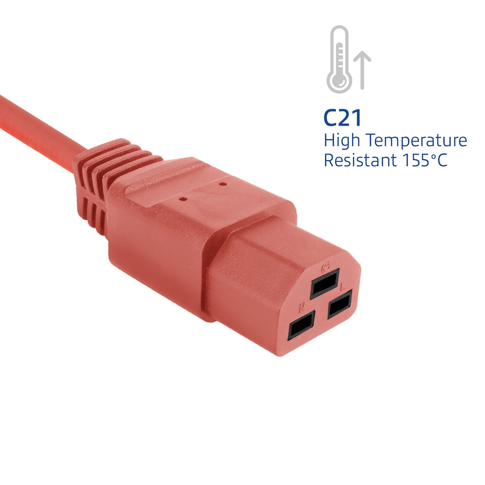 Ein roter C21-Stromanschluss. Der Stecker hat drei schwarze Löcher und ist mit 'High Temperature Resistant 155°C' beschriftet.