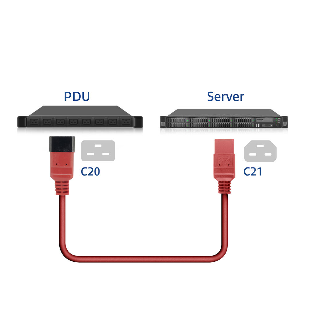 Diagramm mit PDU und Server mit Netzkabeln. C20- und C21-Anschlüsse sind beschriftet. Rotes Netzkabel verbindet die Geräte.