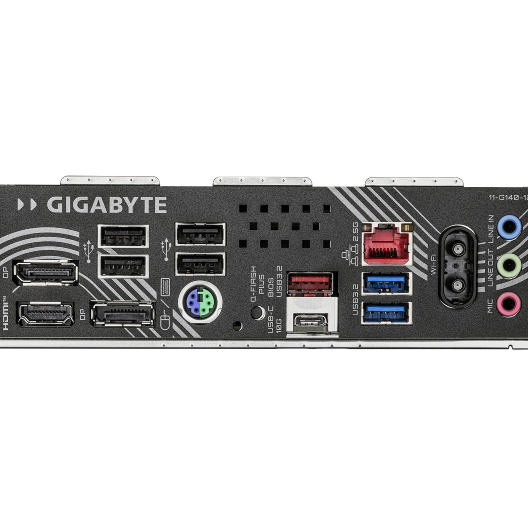 Primo piano di una scheda madre nera con varie porte, tra cui HDMI, USB e audio. Il logo Gigabyte è visibile.