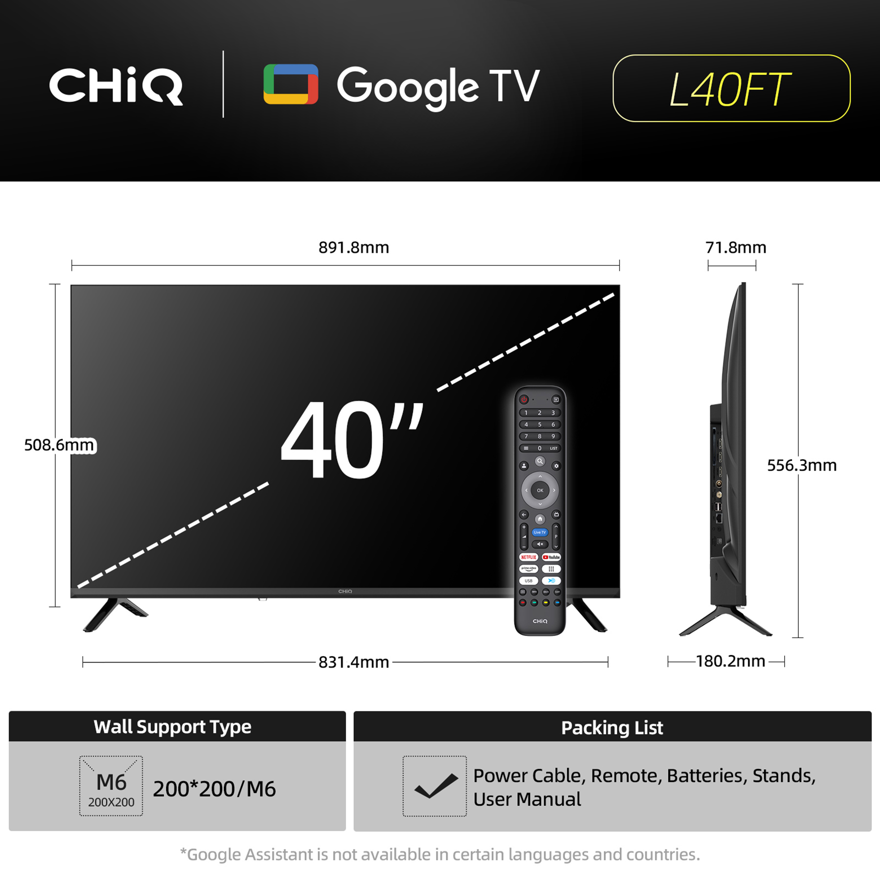Telewizor Google CHiQ L40FT. Zawiera pilota, kabel zasilający i instrukcję obsługi. Wymiary są wyświetlane z pomiarami.
