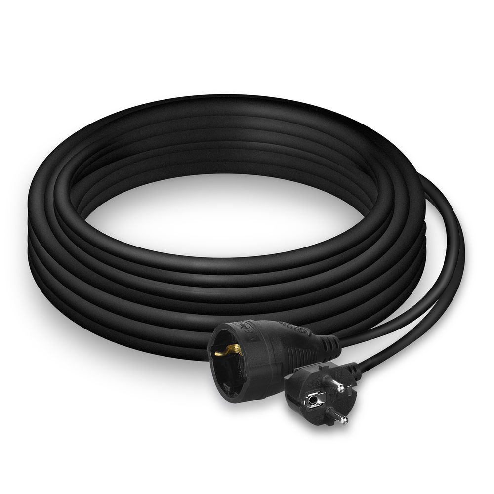 Una prolunga nera arrotolata con una presa femmina e una spina maschio. Le spine sono nere. Lo sfondo è bianco.