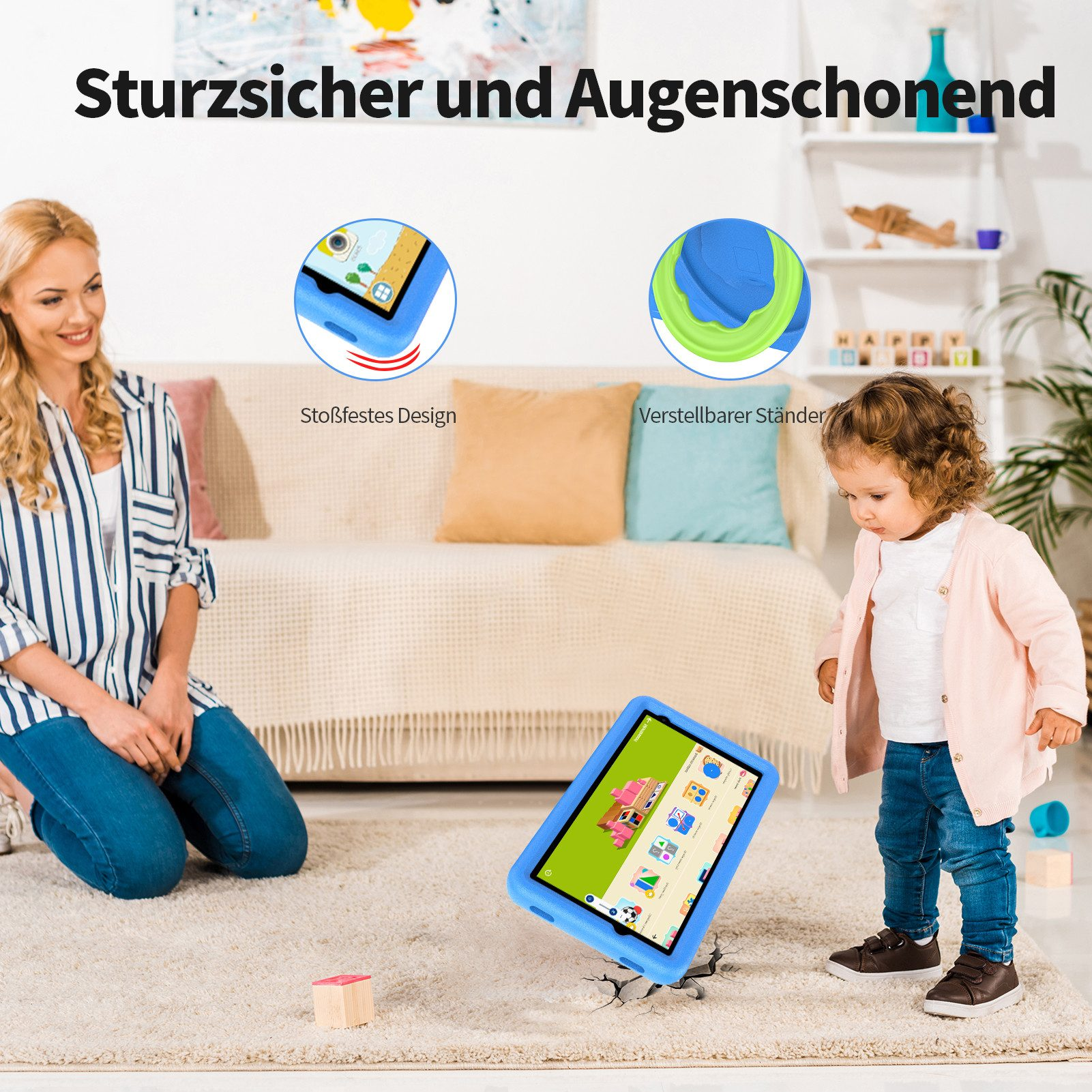 Eine Frau und ein Kleinkind befinden sich in einem Wohnzimmer. Ein Tablet in einem blauen Gehäuse liegt auf dem Boden.