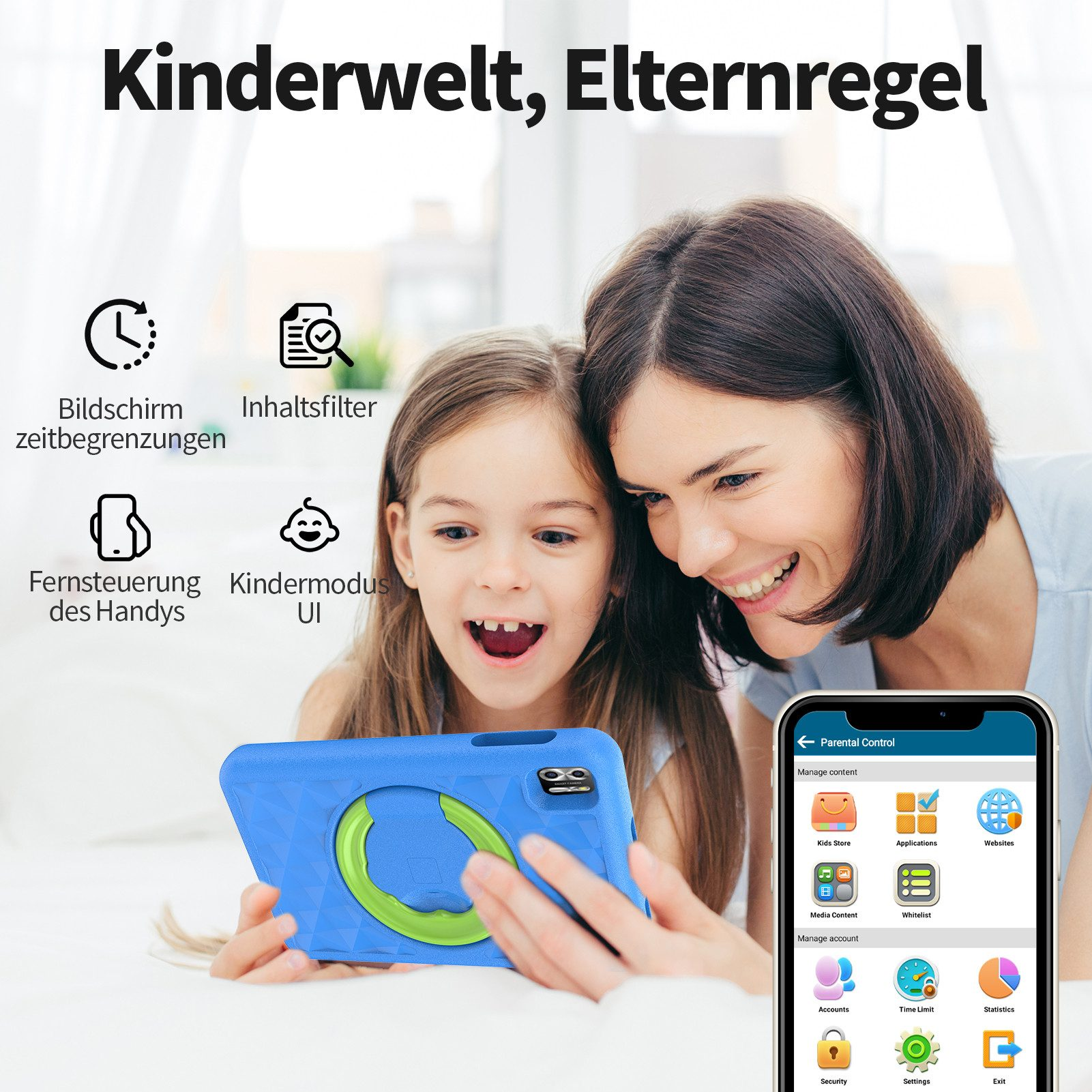 Eine Frau und ein Kind schauen sich ein Tablet an. Das Tablet ist blau mit einem grünen Ring. Das Telefon zeigt Kindersicherung.