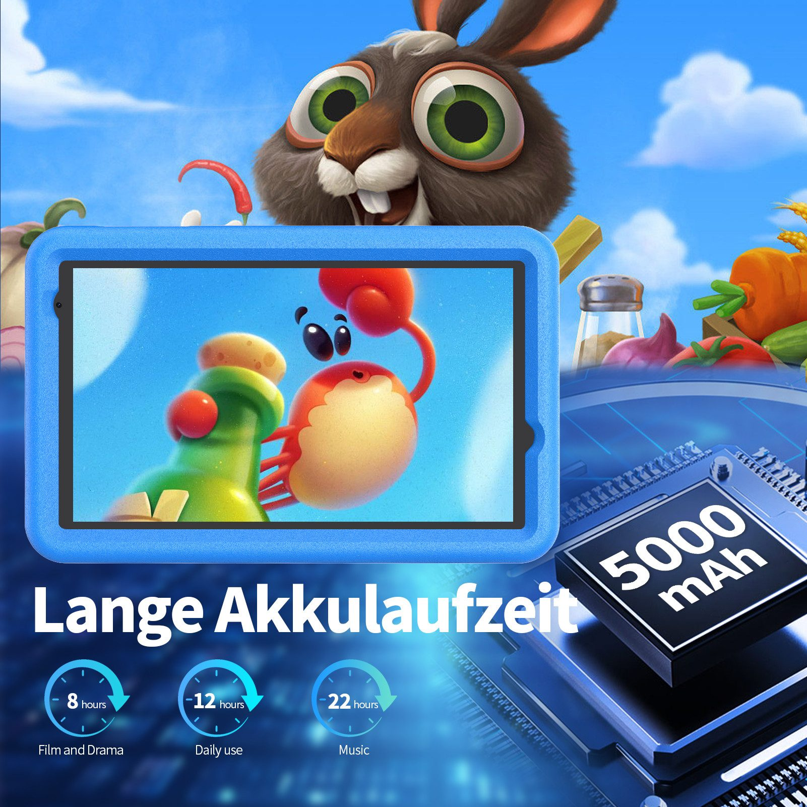 Ein Tablet mit einer Cartoon-Krabbe und einem Hasen. Das Tablet zeigt die Akkulaufzeit für Filme, tägliche Nutzung und Musik.
