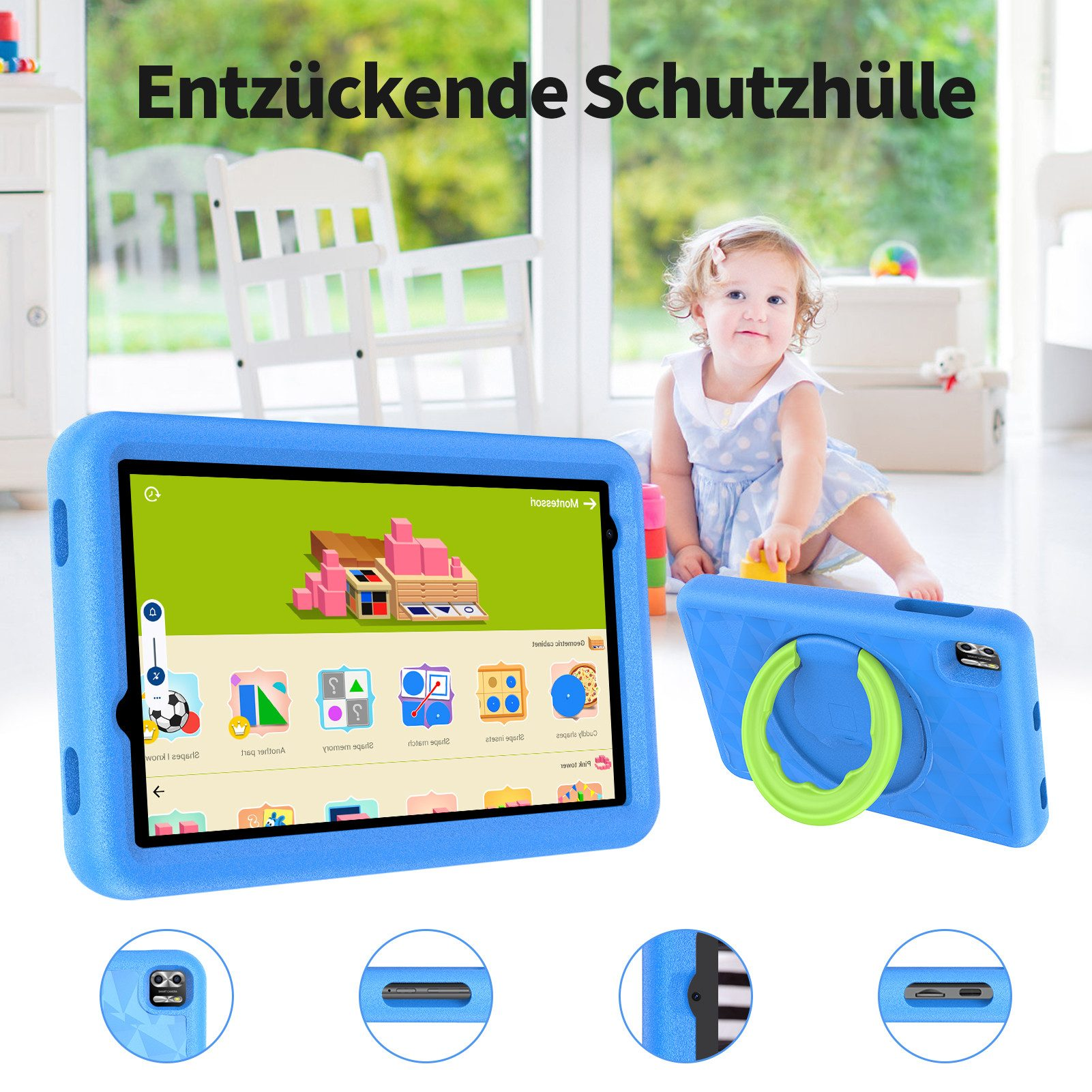 Ein Baby mit einem Tablet in einer blauen Hülle. Die Hülle hat einen grünen Griff. Das Tablet zeigt eine farbenfrohe App-Oberfläche.