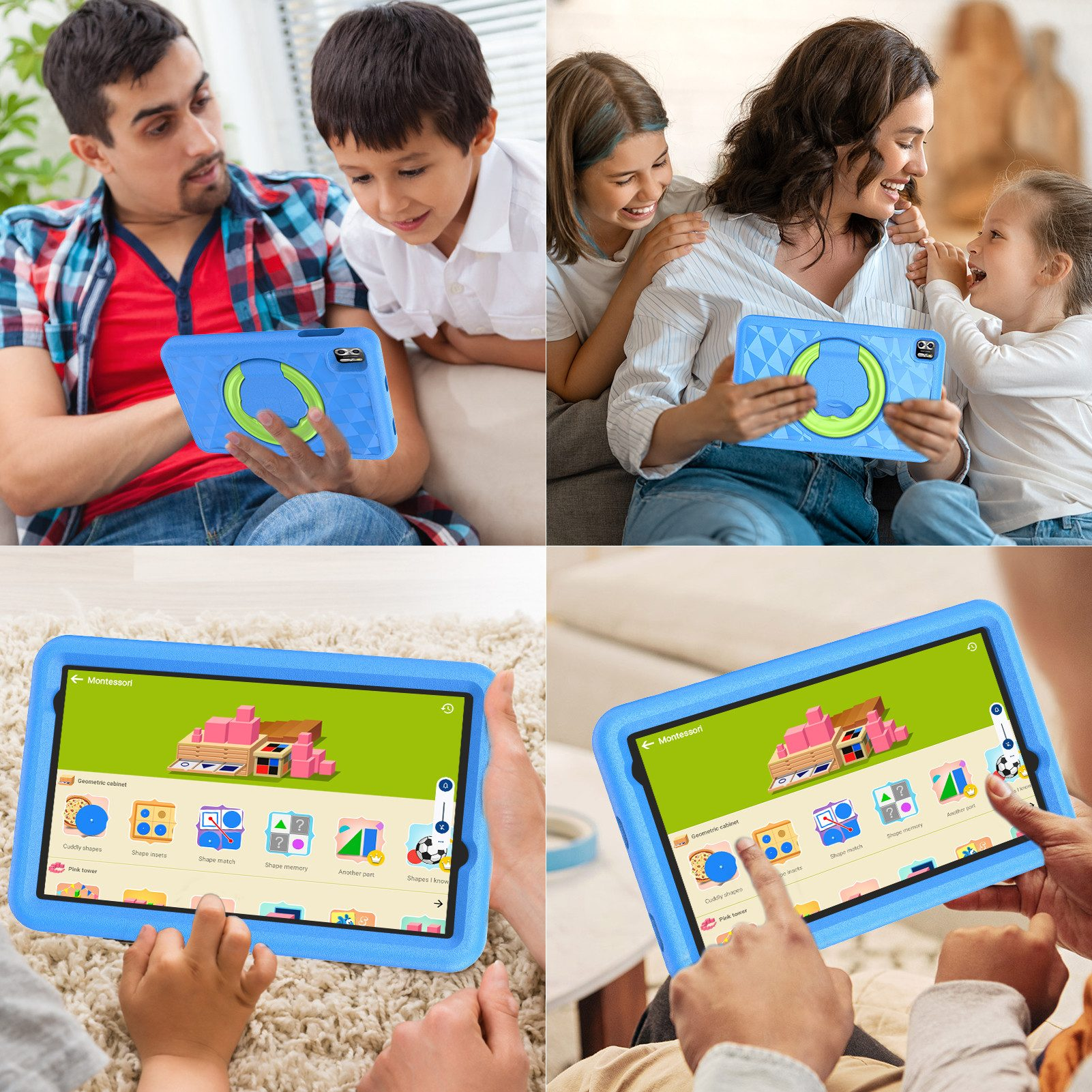 Eine Familie benutzt ein Tablet mit blauem Gehäuse und grünem Griff. Der Bildschirm zeigt Bildungsinhalte.