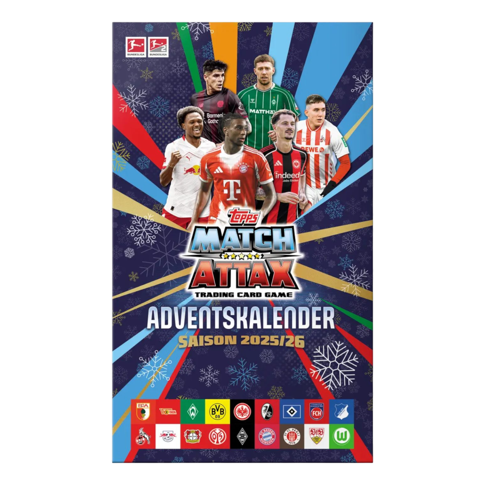 Eine Match Attax Sammelkarten-Spielbox mit Spielern, Logos und Schneeflocken, die für die Saison 2025/26 wirbt.