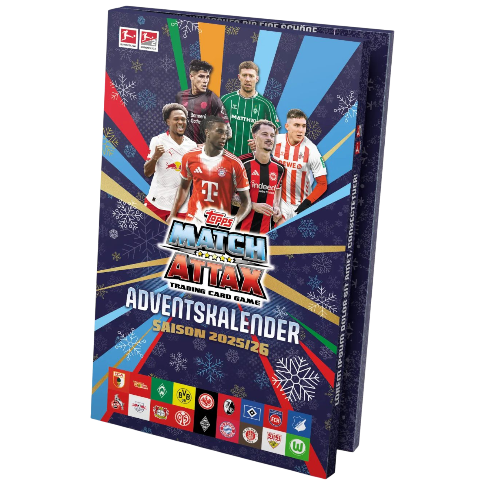 Sammelkartenspielbox. Zeigt Spieler, Logo und Text 'Adventskalender Saison 2025/26'.