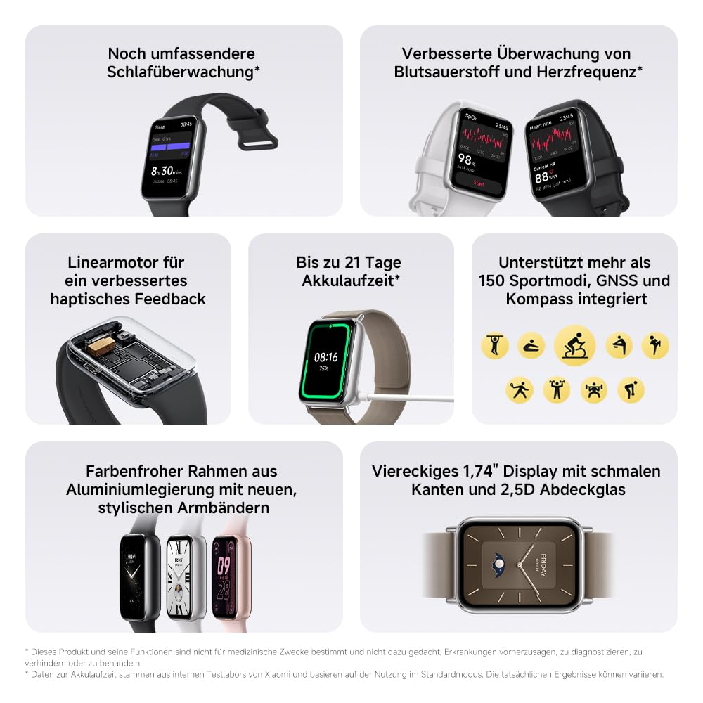 Smartwatch mit Display, das Statistiken anzeigt, Schlaftracking, Herzfrequenz und verschiedene Sportmodi bietet. Mehrere Uhrendesigns werden gezeigt.