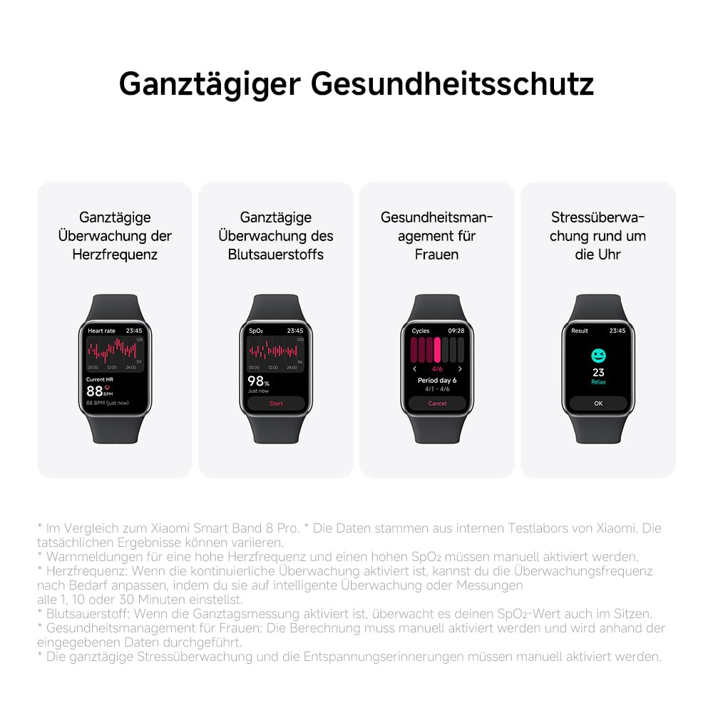 Das Bild zeigt eine Smartwatch, die Gesundheitsmetriken wie Herzfrequenz, Blutsauerstoff, Informationen zur Frauengesundheit und Stresslevel anzeigt.