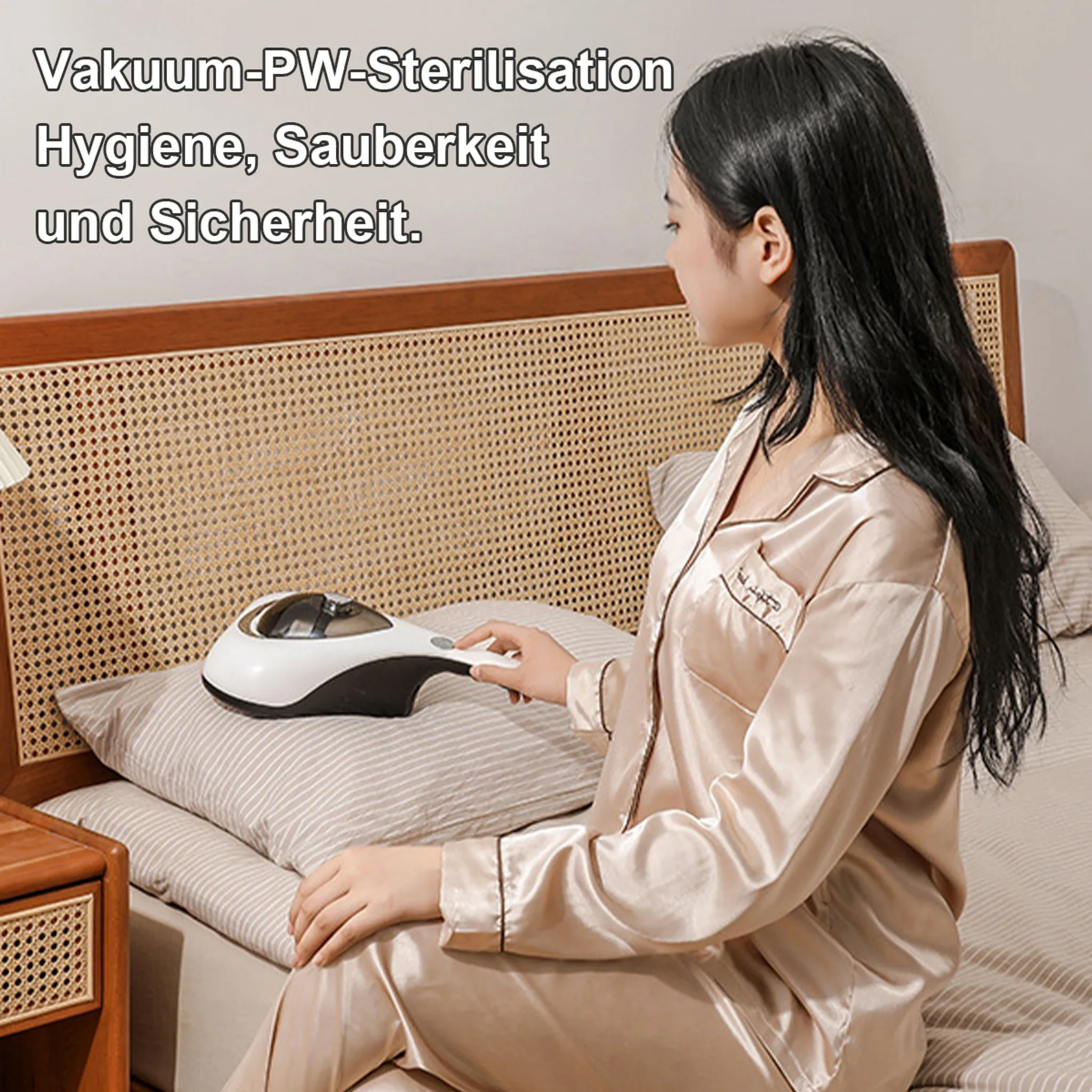 Eine Frau im Seidenpyjama benutzt ein weißes Gerät auf einem Kissen. Der Hintergrund zeigt ein Bett und Text.