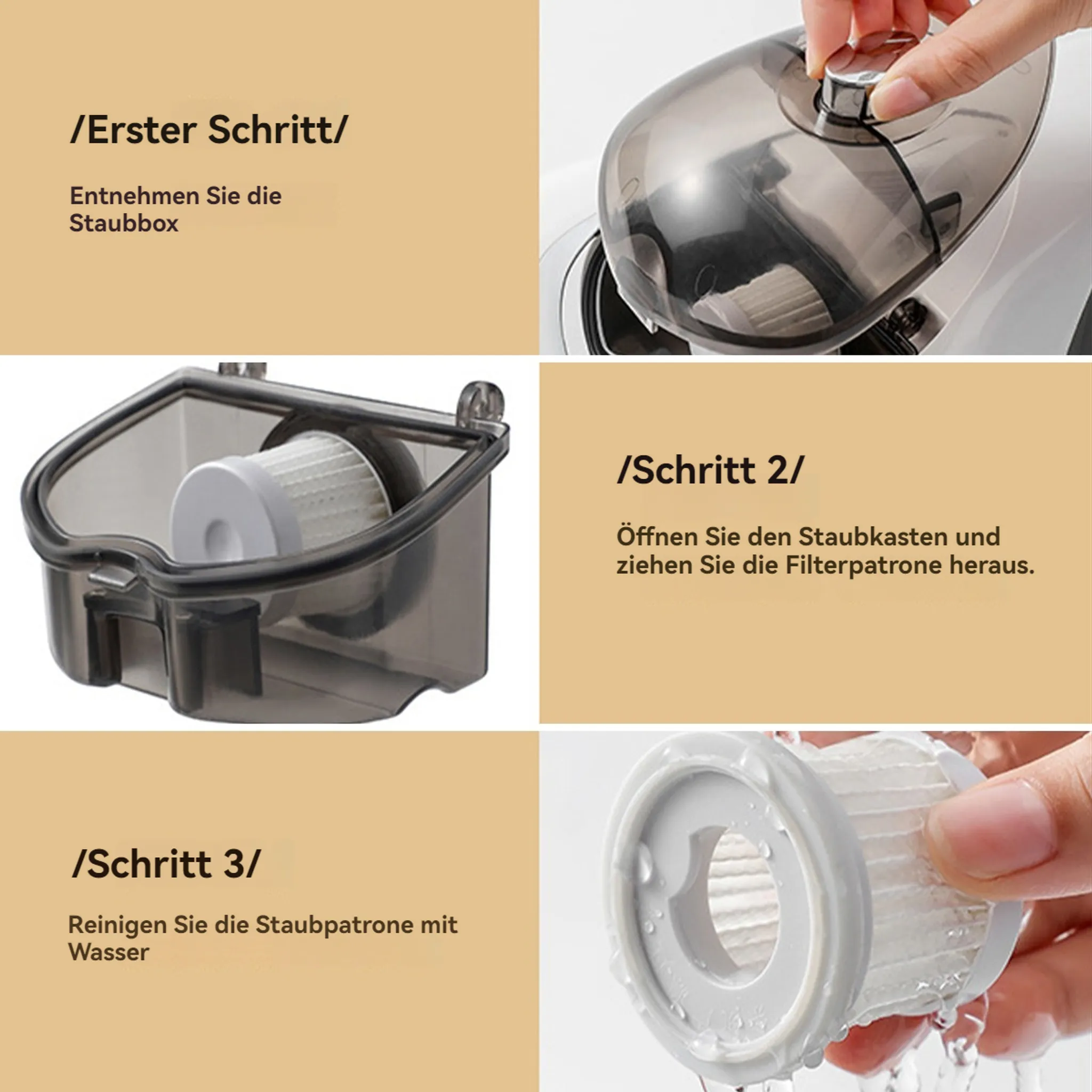 Anweisungen zum Reinigen eines Staubsaugerfilters. Schritte zum Entfernen, Öffnen und Reinigen des Filters mit Wasser werden gezeigt.
