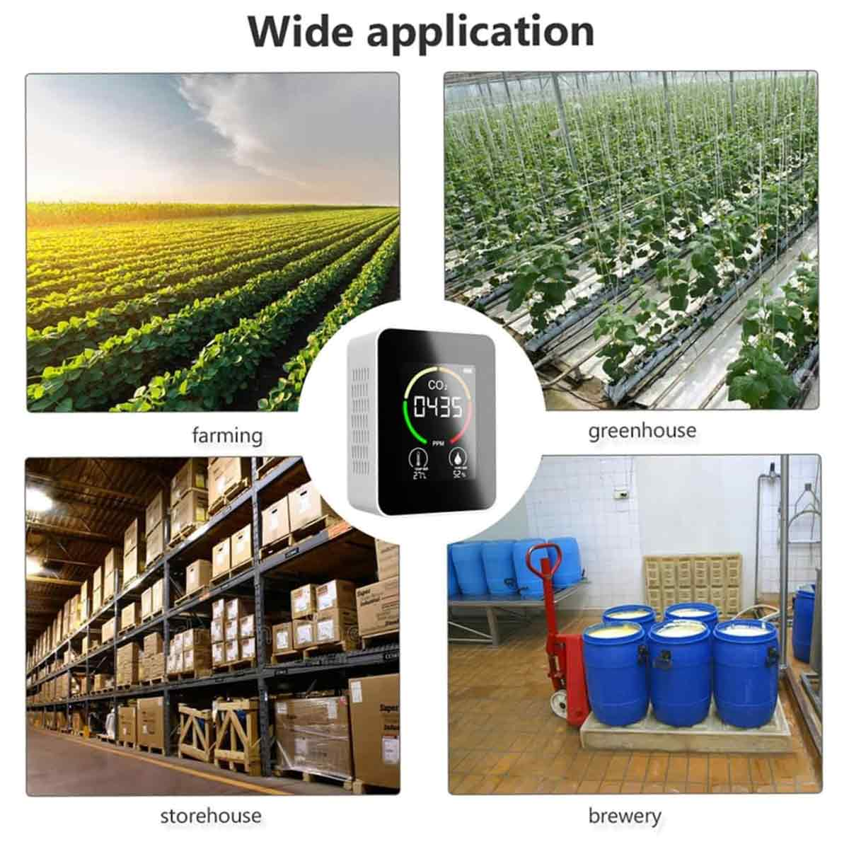 Das Bild zeigt ein CO2-Messgerät mit Anwendungen: Landwirtschaft, Gewächshaus, Lagerhaus und Brauerei. Feldfrüchte, Pflanzen, Kisten und blaue Fässer sind sichtbar.