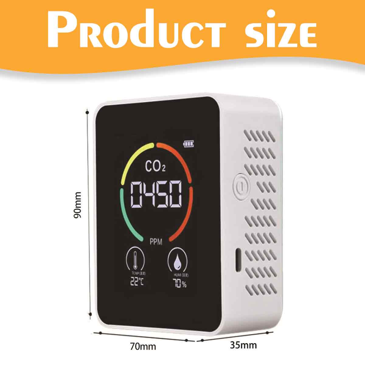 Ein weißer CO2-Monitor zeigt Messwerte an. Er zeigt 0450 PPM, Temperatur und Luftfeuchtigkeit an. Abmessungen sind beschriftet: 90 mm, 70 mm, 35 mm.