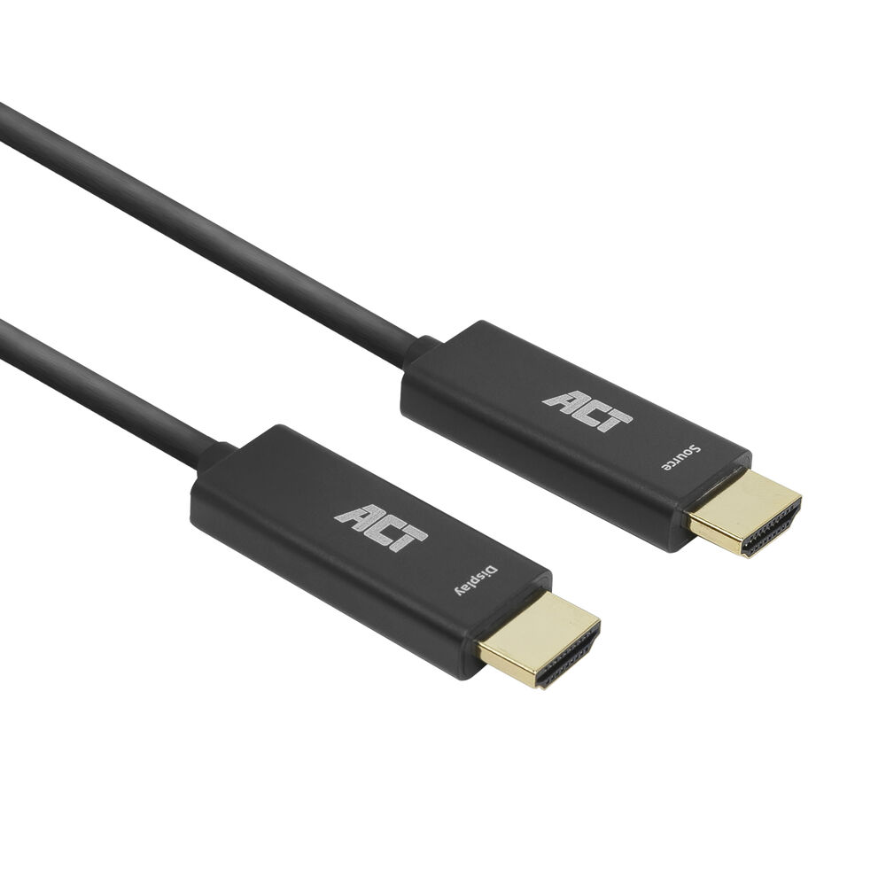 Twee zwarte HDMI-kabels met gouden connectoren. Eén gemarkeerd met 'Display', de andere met 'Source'. Beide hebben het 'ACT' logo.