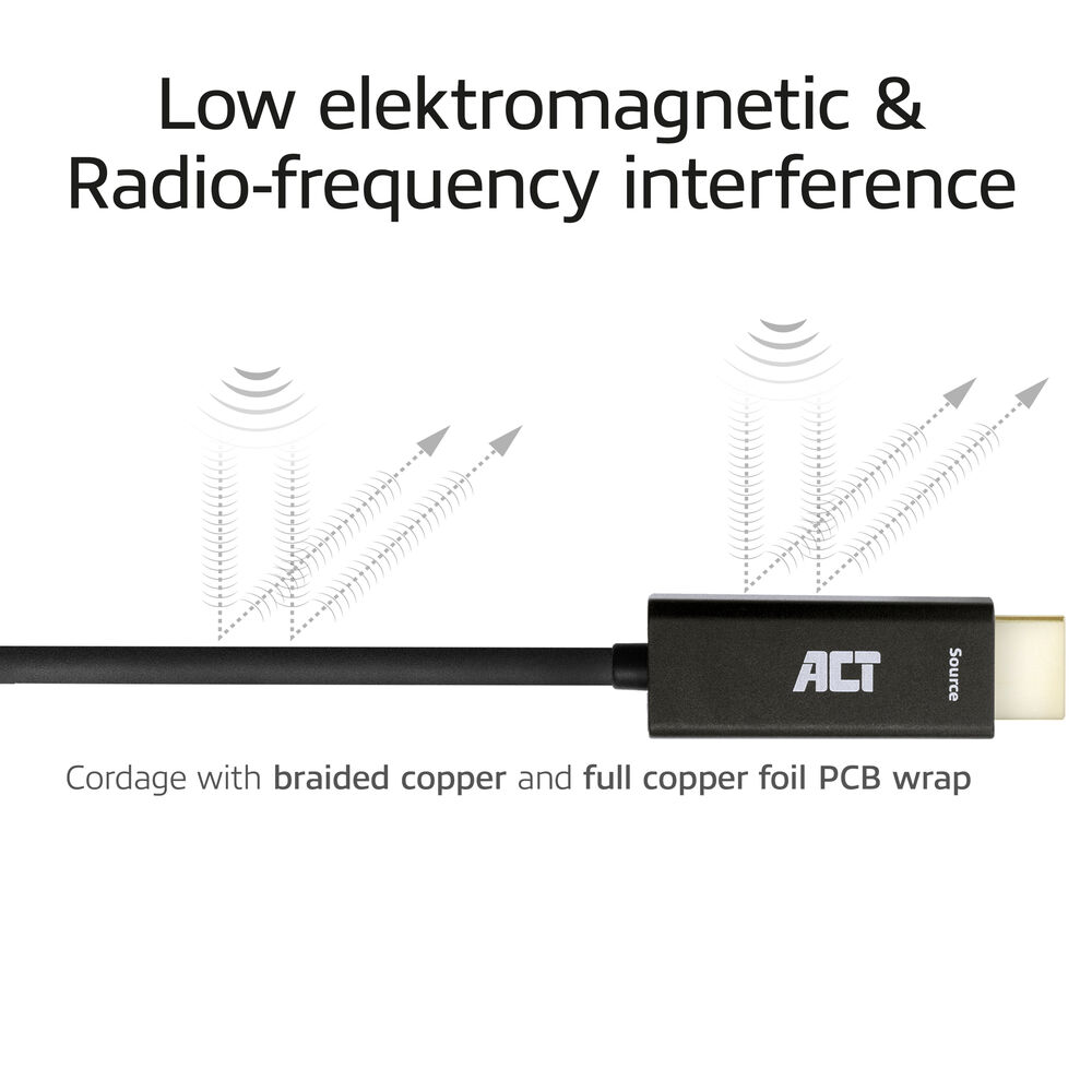 Een zwarte kabel met het 'ACT'-logo en de tekst 'Source'. De afbeelding toont de weerstand van de kabel tegen interferentie.
