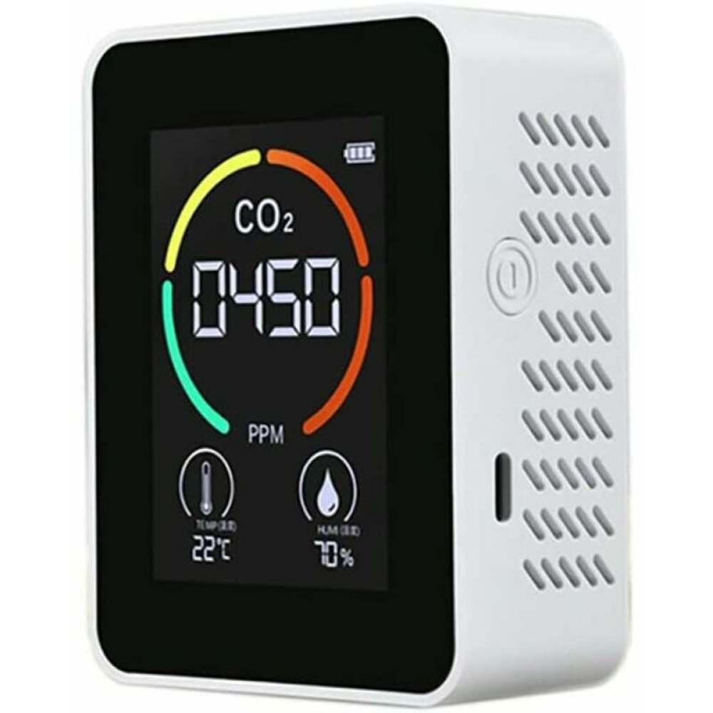 Ein weißer CO2-Monitor zeigt 450 ppm, 22 °C und 70 % Luftfeuchtigkeit an. Das Gerät hat einen schwarzen Bildschirm und eine Seite mit Lüftungslöchern.