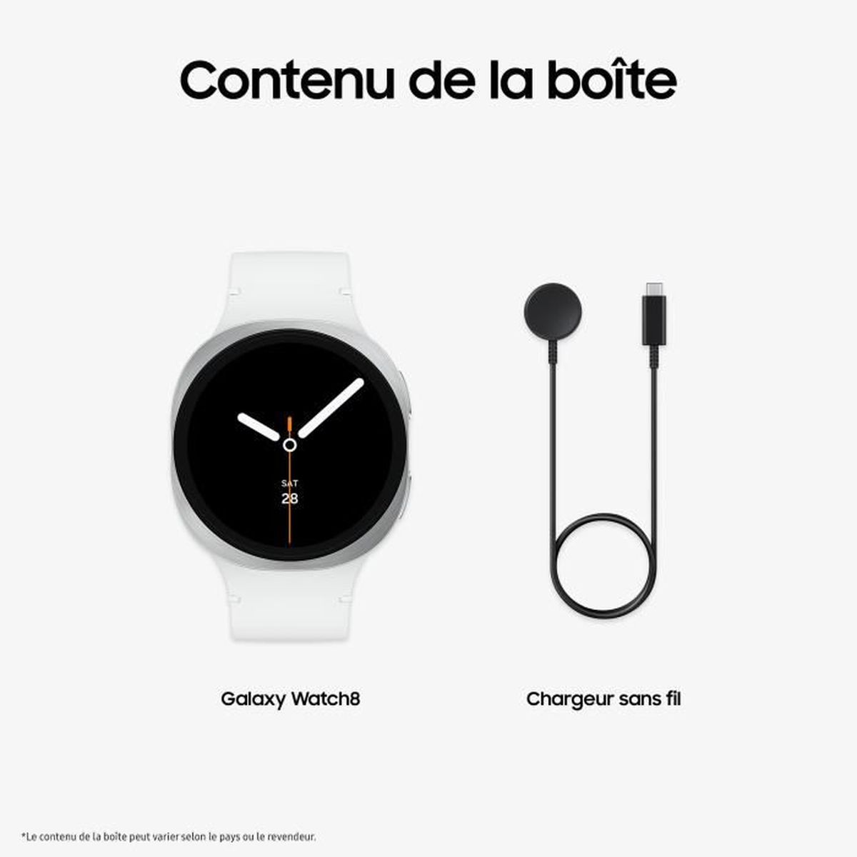 Obrazek przedstawia Galaxy Watch8 i ładowarkę bezprzewodową. Tarcza zegarka wyświetla datę. Tekst brzmi 'Contenu de la boîte'.