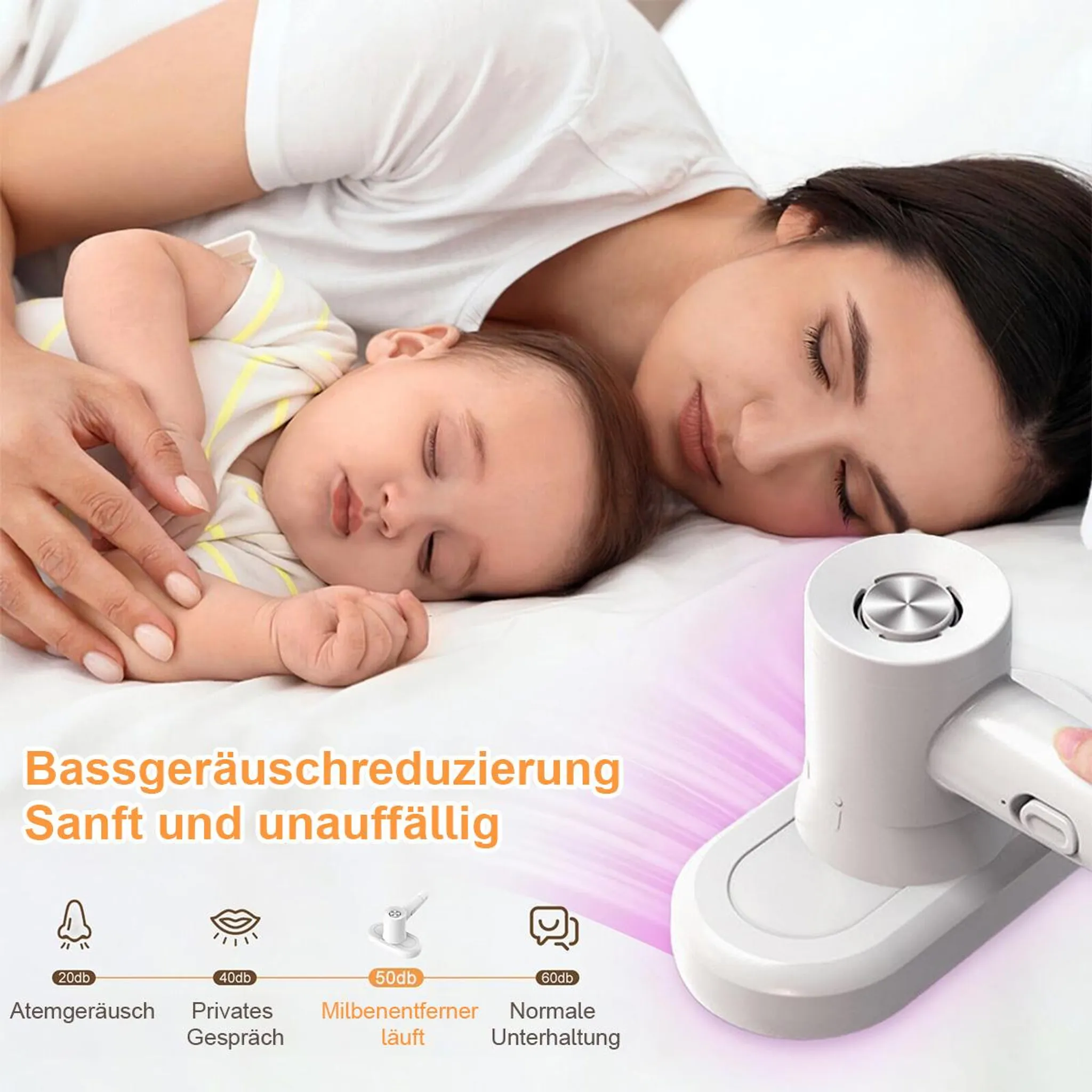 Eine schlafende Mutter und ein Baby liegen auf einem weißen Bett. Ein Gerät befindet sich neben ihnen. Text auf Deutsch ist sichtbar.