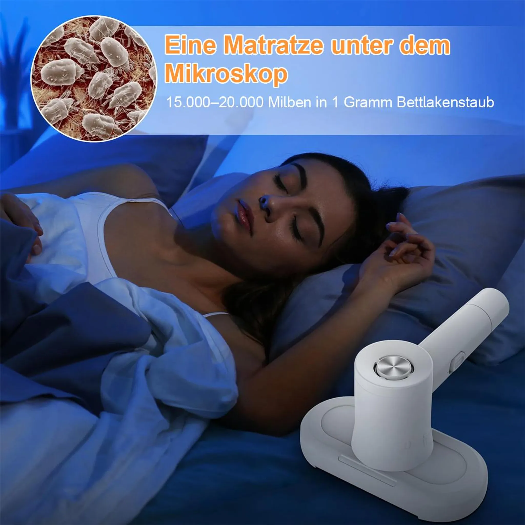 Eine Frau schläft im Bett. Nahaufnahme zeigt Staubmilben unter dem Mikroskop. Ein weißer Bettenreiniger ist in der Nähe.