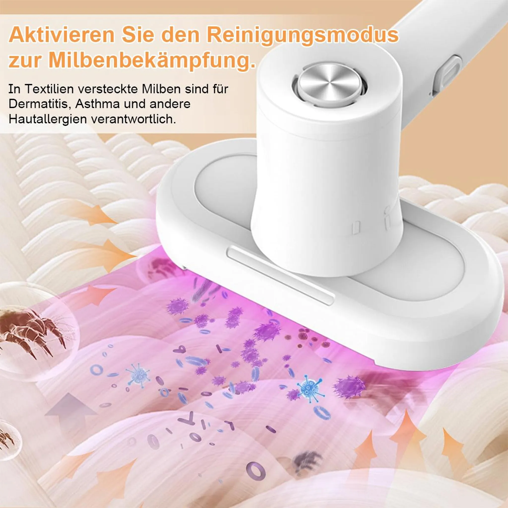 Ein weißes Reinigungsgerät auf Stoff, mit Pfeilen und Illustrationen von Milben und Keimen. Text auf Deutsch.