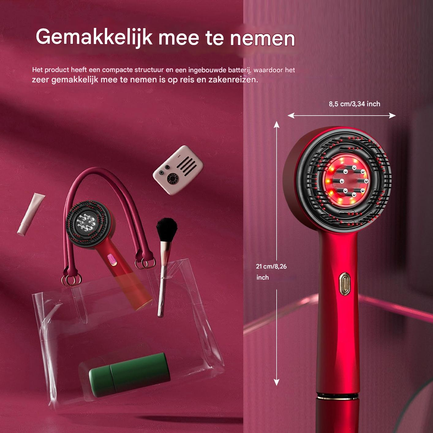 Ein roter Haartrockner, Kosmetika und ein kleines weißes Gerät werden in einer durchsichtigen Tasche vor dunklem rosa Hintergrund gezeigt.