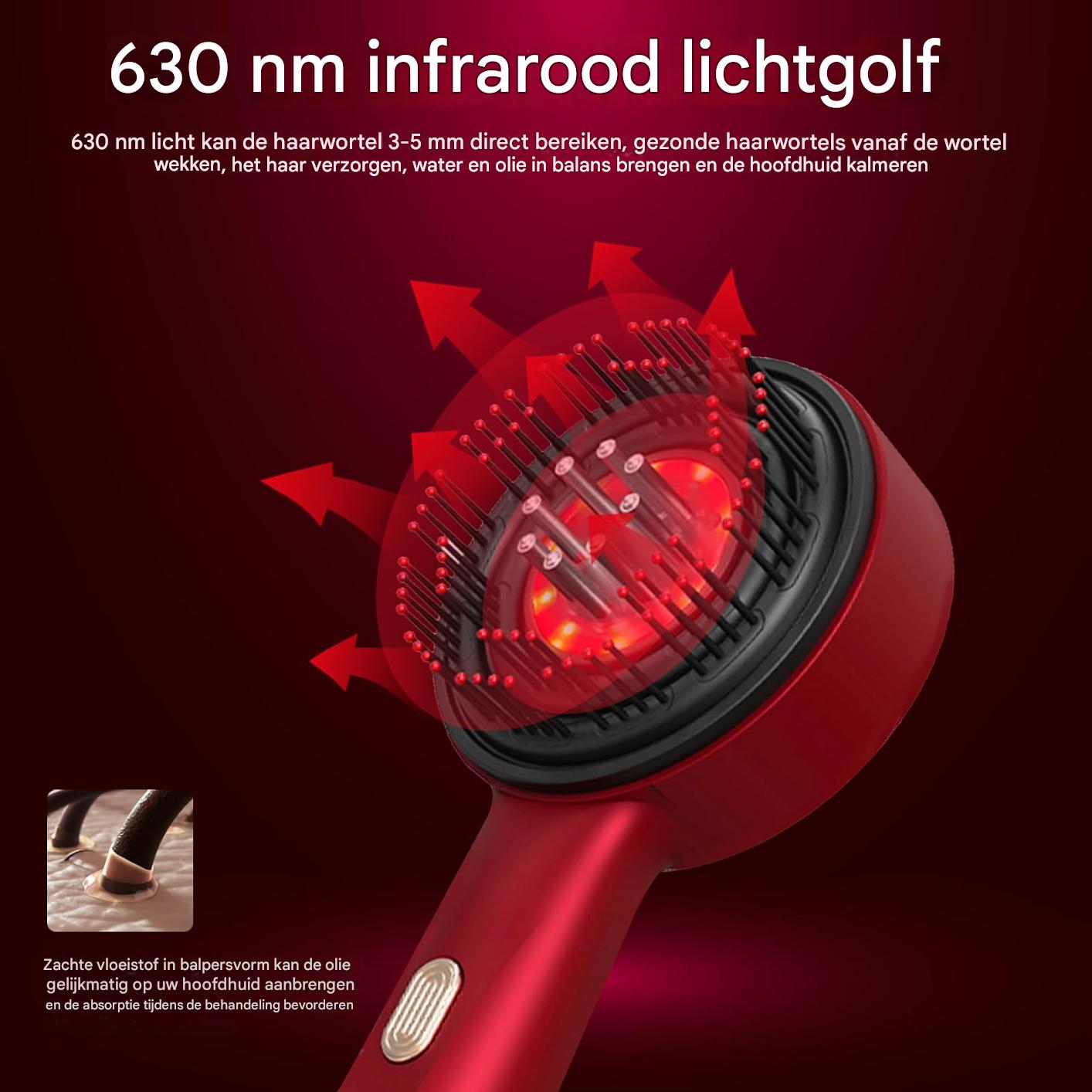 Ein rotes Haarbehandlungsgerät, das rotes Licht aussendet. Es hat einen abgerundeten Kopf mit Borsten und Text auf Niederländisch.