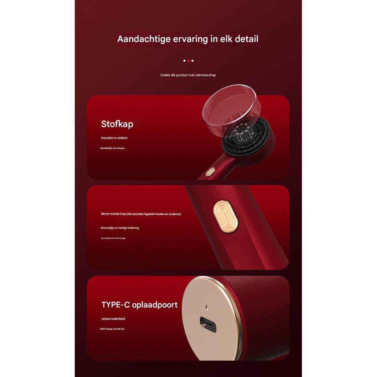 Ein roter Haarstyler mit transparentem Deckel. Details sind Knopf, Ladeanschluss und Text. Der Hintergrund ist ebenfalls rot.