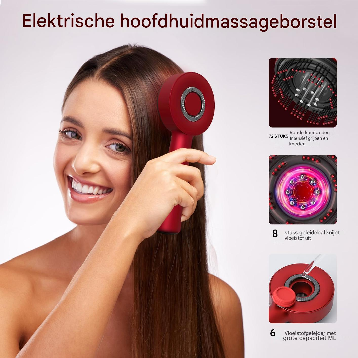 Eine Frau lächelt, während sie ein rotes Kopfhautmassagegerät benutzt. Das Bild zeigt Details zu den Merkmalen des Massagegeräts und der Flüssigkeitskapazität.
