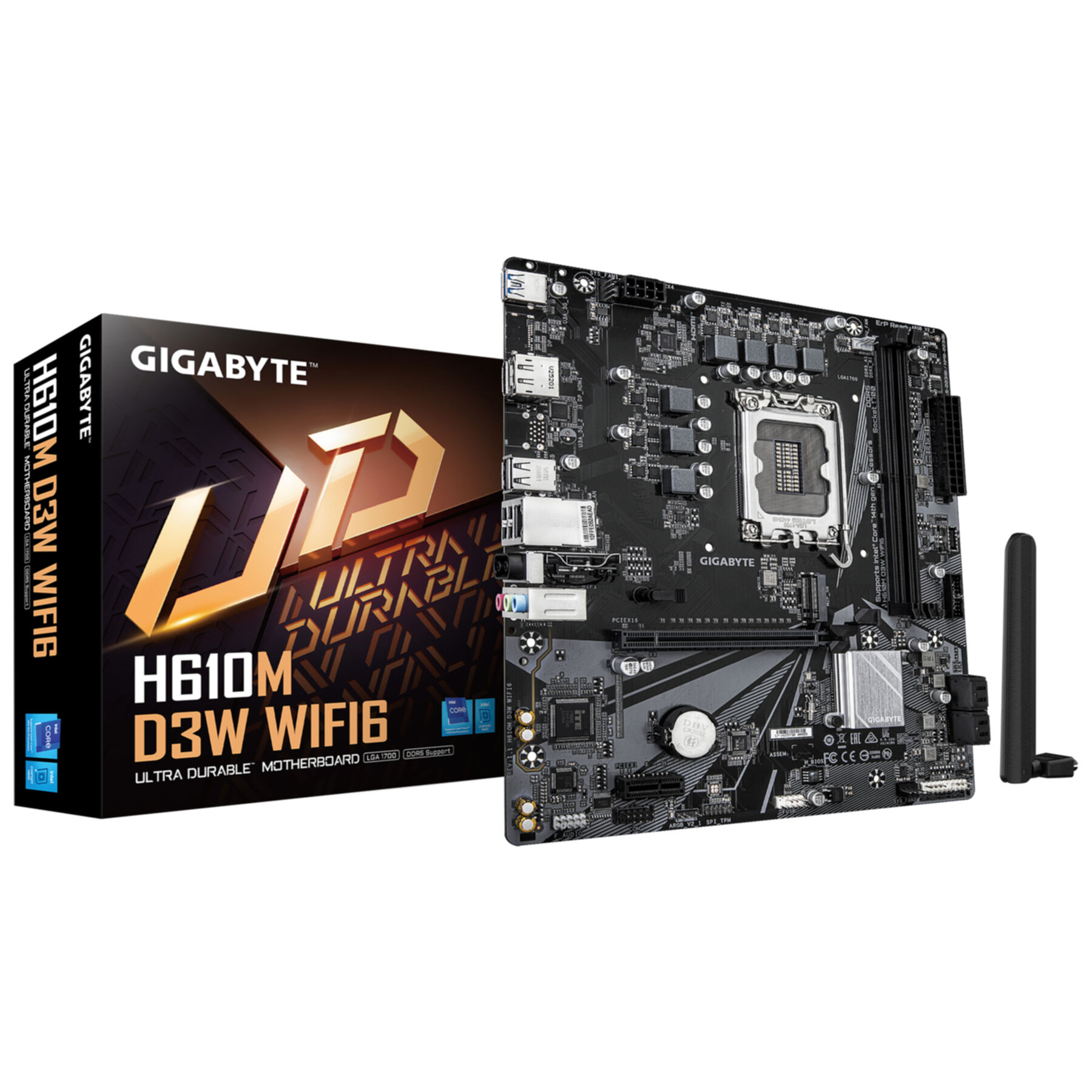 Een Gigabyte H610M D3W WIFI6-moederbord wordt weergegeven met de doos, antenne en accessoires.