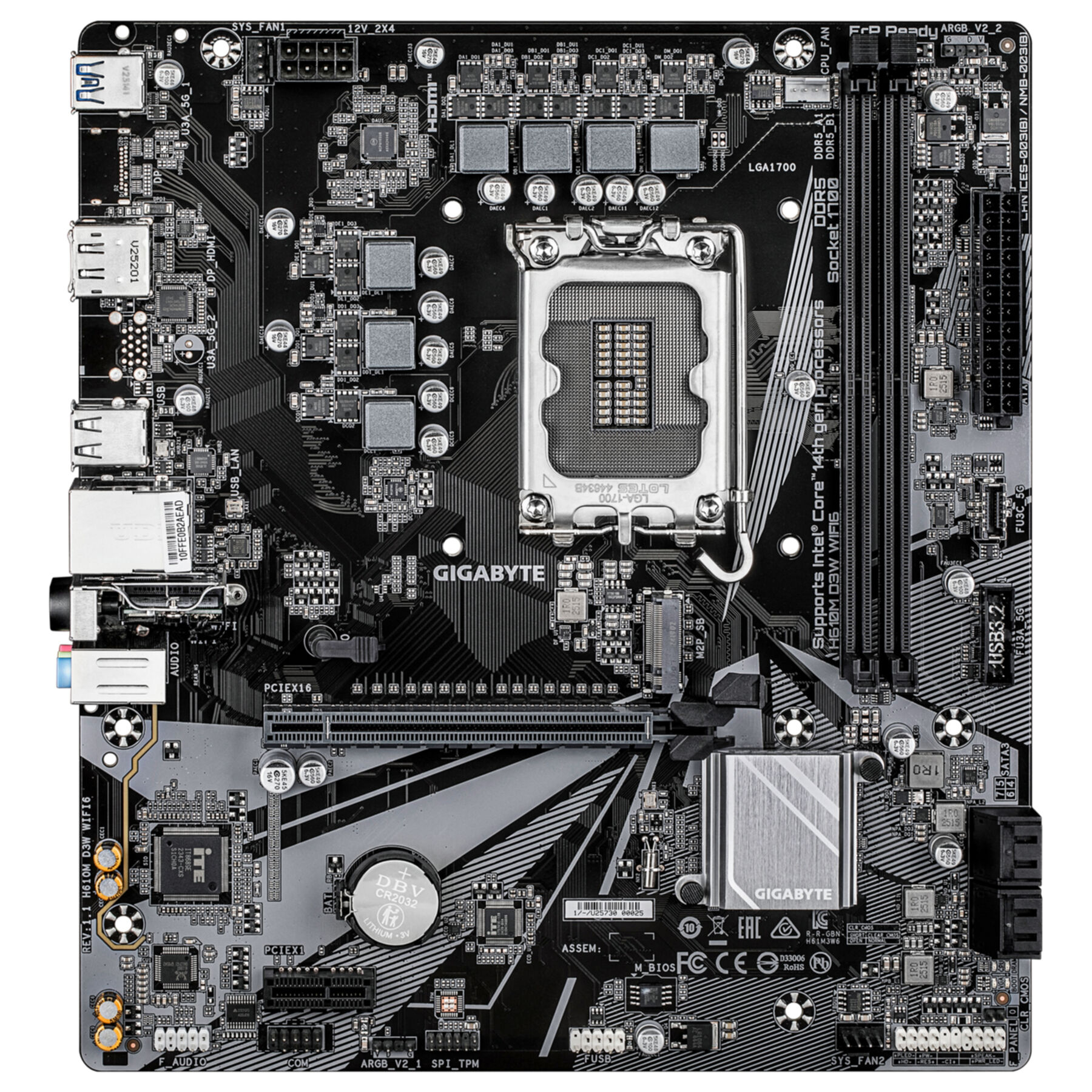 Een zwart computer moederbord met tal van componenten, waaronder een CPU-socket, RAM-slots en connectoren.