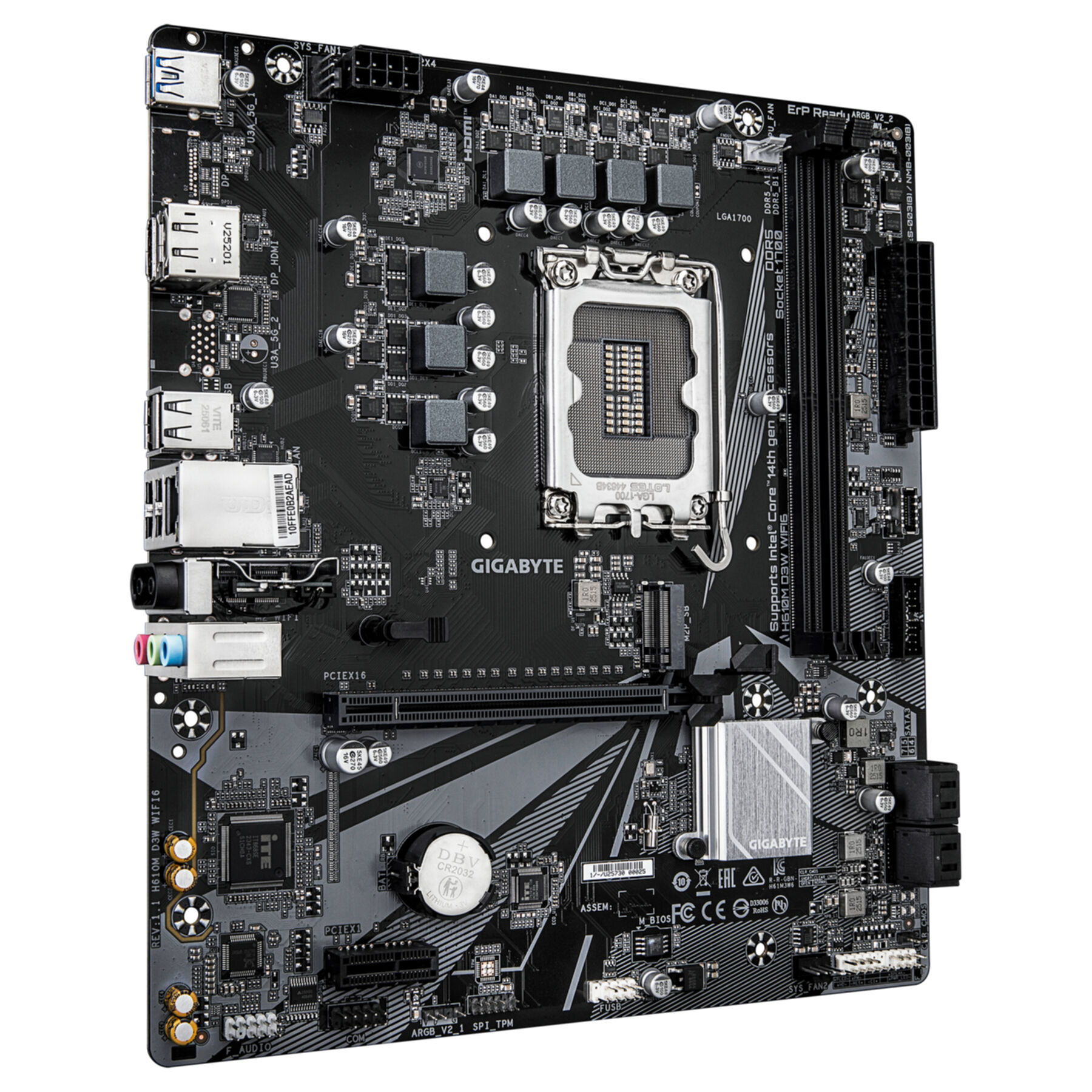 Zwart Gigabyte moederbord met diverse componenten zoals slots, poorten en chips, tegen een witte achtergrond.