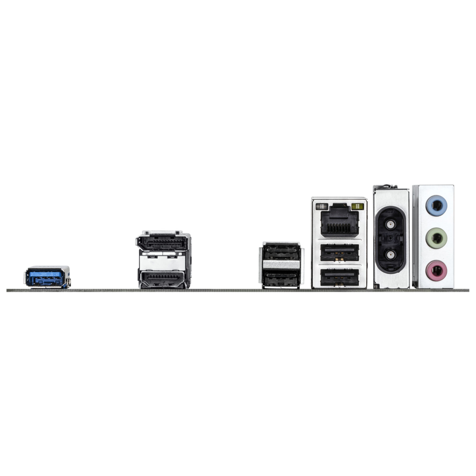 Achterpaneel van een computer moederbord. Poorten en connectoren in verschillende vormen en kleuren.