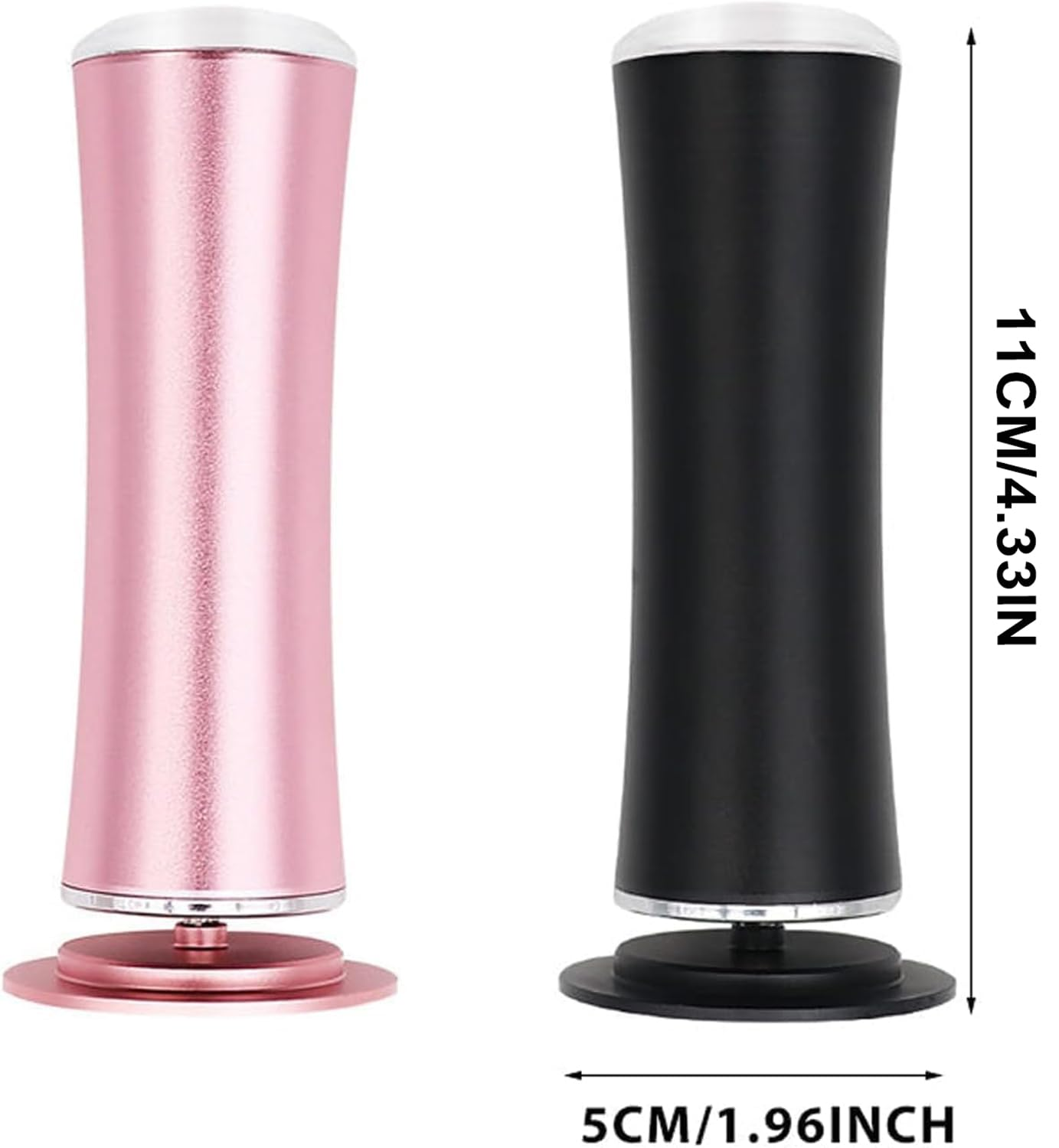 Zwei zylindrische Geräte; eines rosa, eines schwarz. Beide haben weiße Oberteile und stehen auf kreisförmigen Sockeln. Abmessungen sind angegeben.