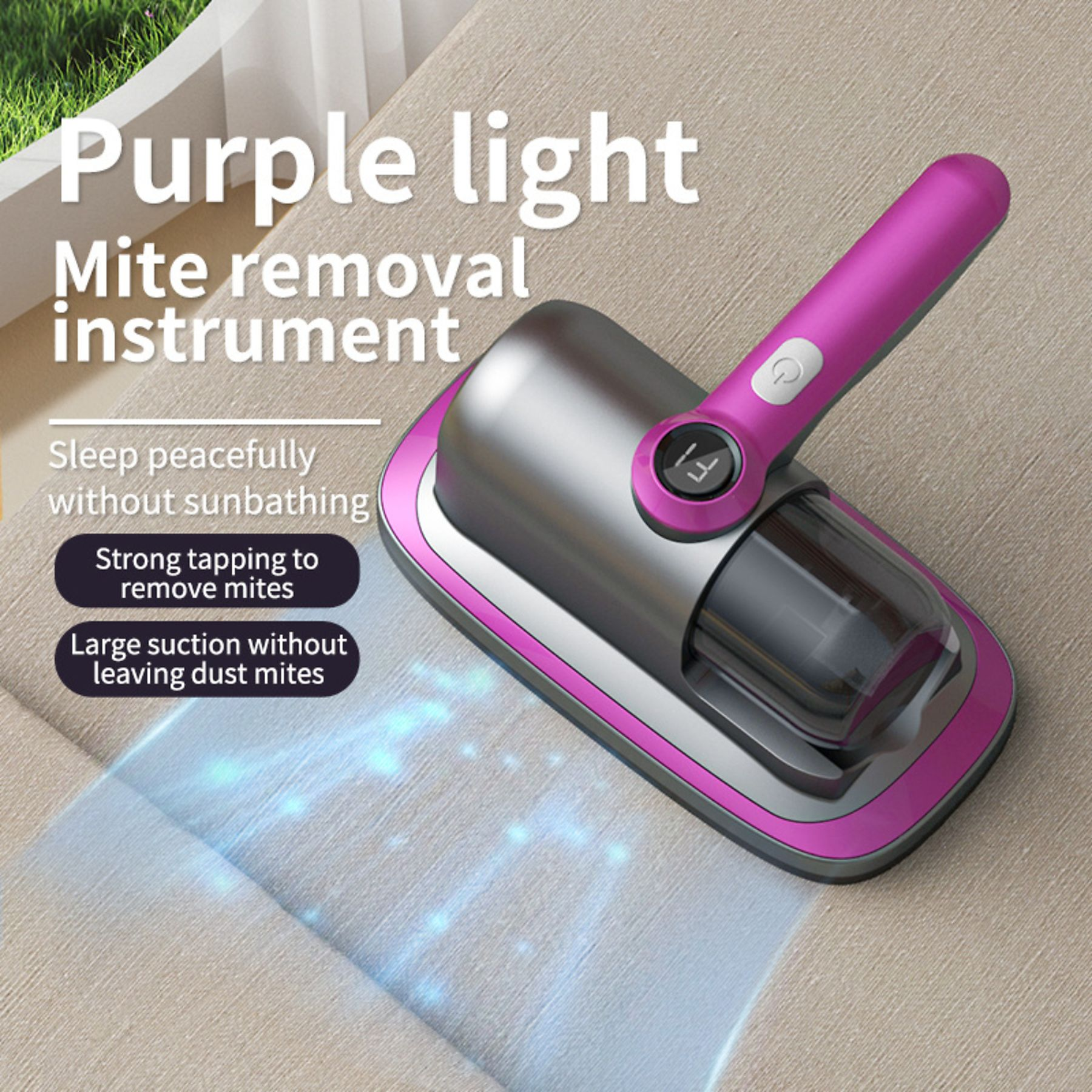 Ein lila-silbernes Milbenentfernungsgerät auf einer beigen Oberfläche. Der Text enthält 'Purple light' und Produktmerkmale.