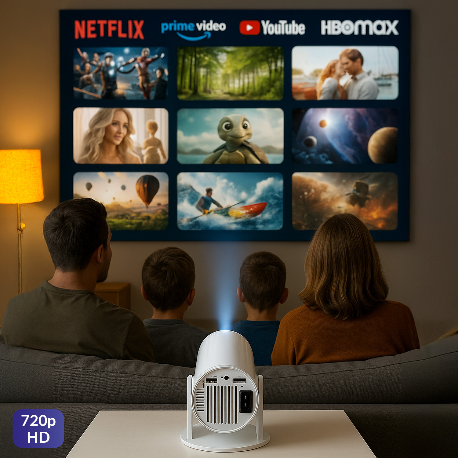 Rodzina ogląda wyświetlany ekran z usługami strumieniowymi. Biały projektor stoi na stole. Ekran pokazuje filmy.