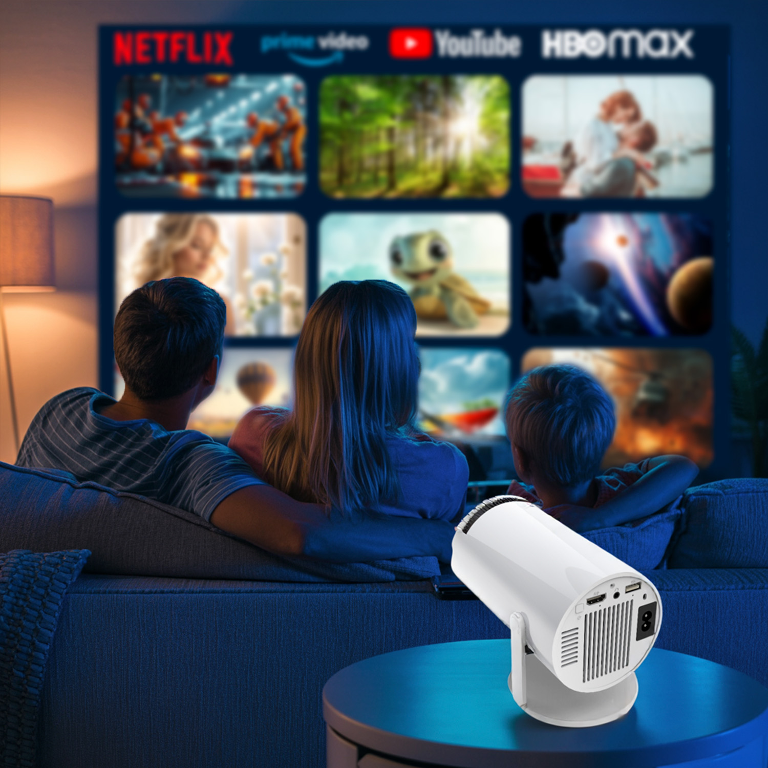 Rodzina ogląda ekran z logo usług streamingowych. Biały projektor stoi przed nimi na stole.