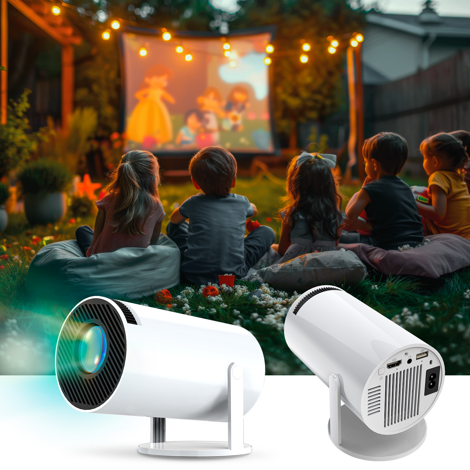 Dzieci oglądają film na ekranie na zewnątrz. Dwa białe projektory z przodu. Girlandy i ogród w tle.