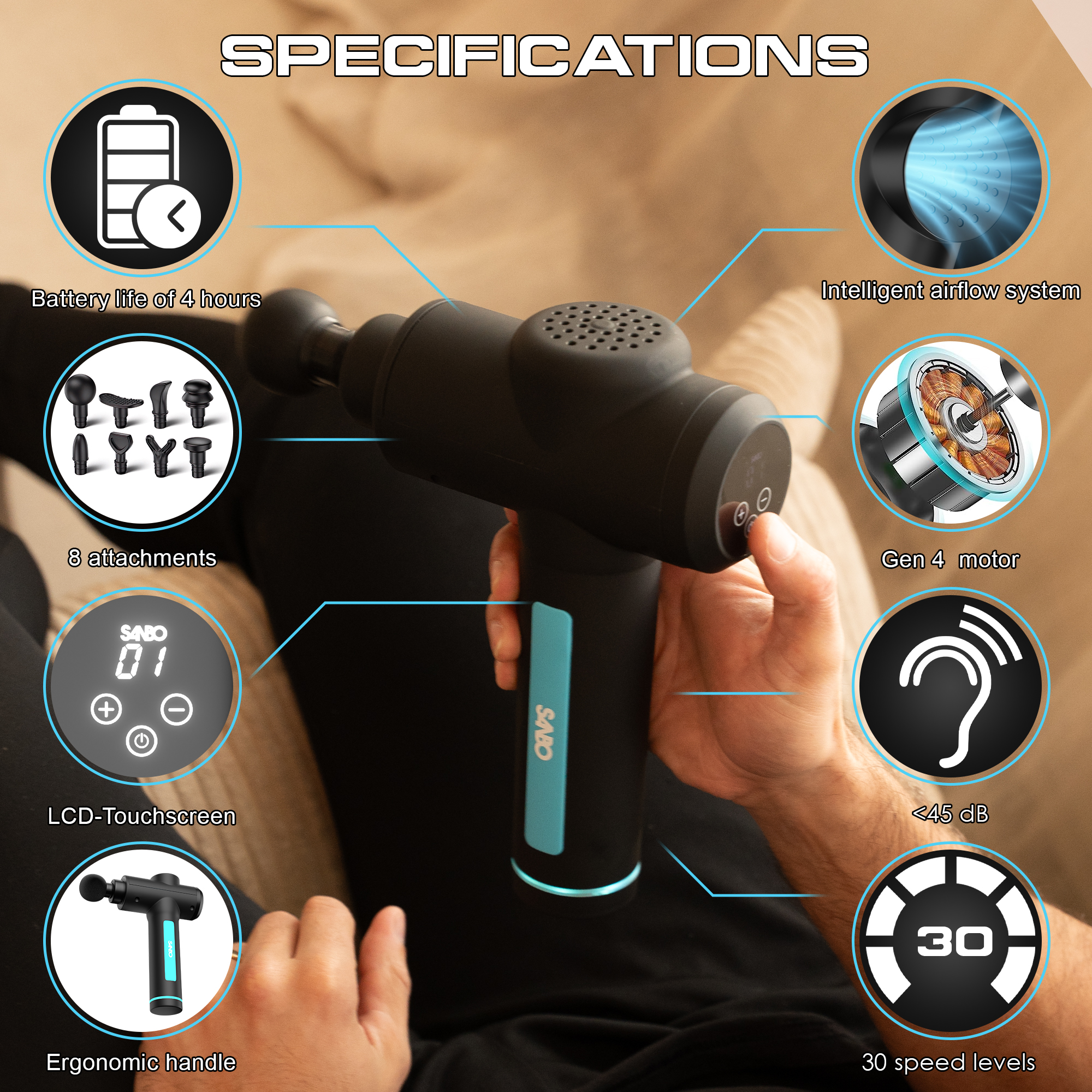 Eine Person hält eine schwarze Massagepistole mit blauen Akzenten. Zu den Merkmalen gehören 30 Geschwindigkeiten, 8 Aufsätze und Touchscreen-Bedienelemente.