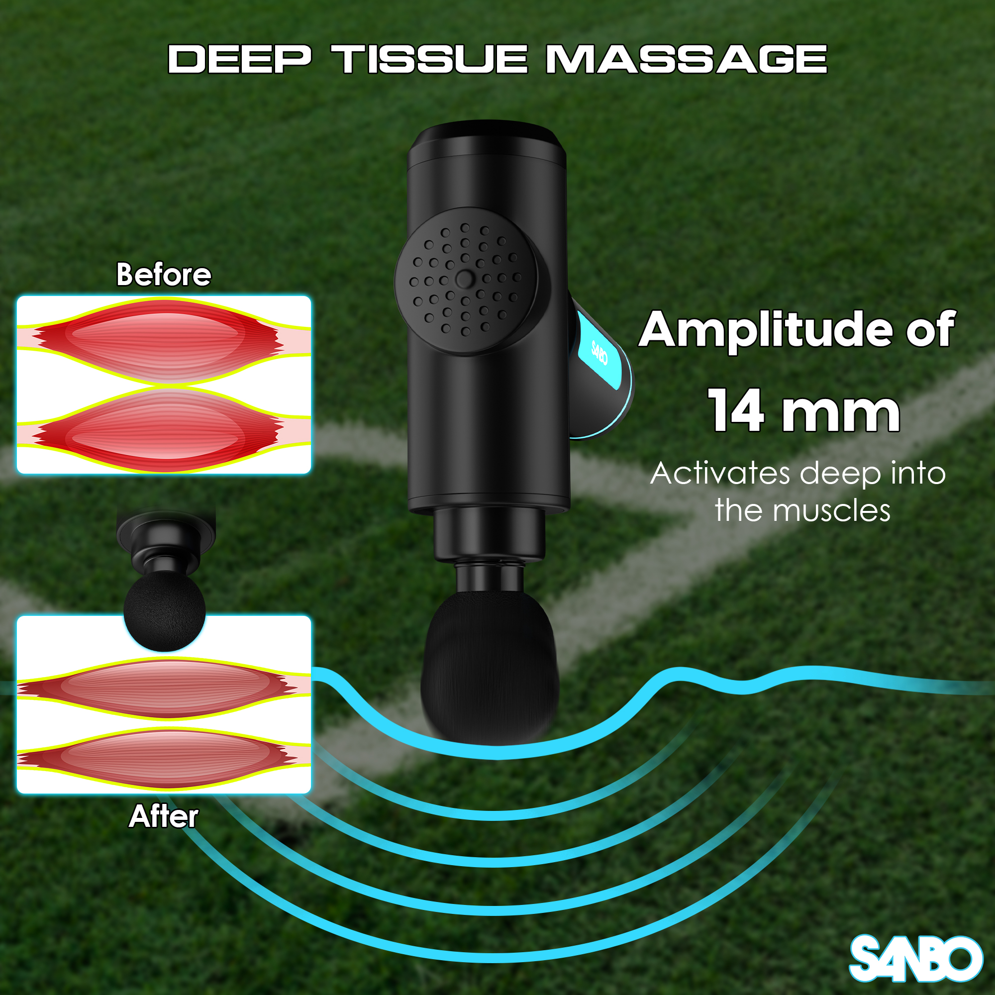 Schwarze Massagepistole mit Muskeldiagrammen. Text: Tiefengewebsmassage, Amplitude 14 mm, aktiviert tief in den Muskeln.
