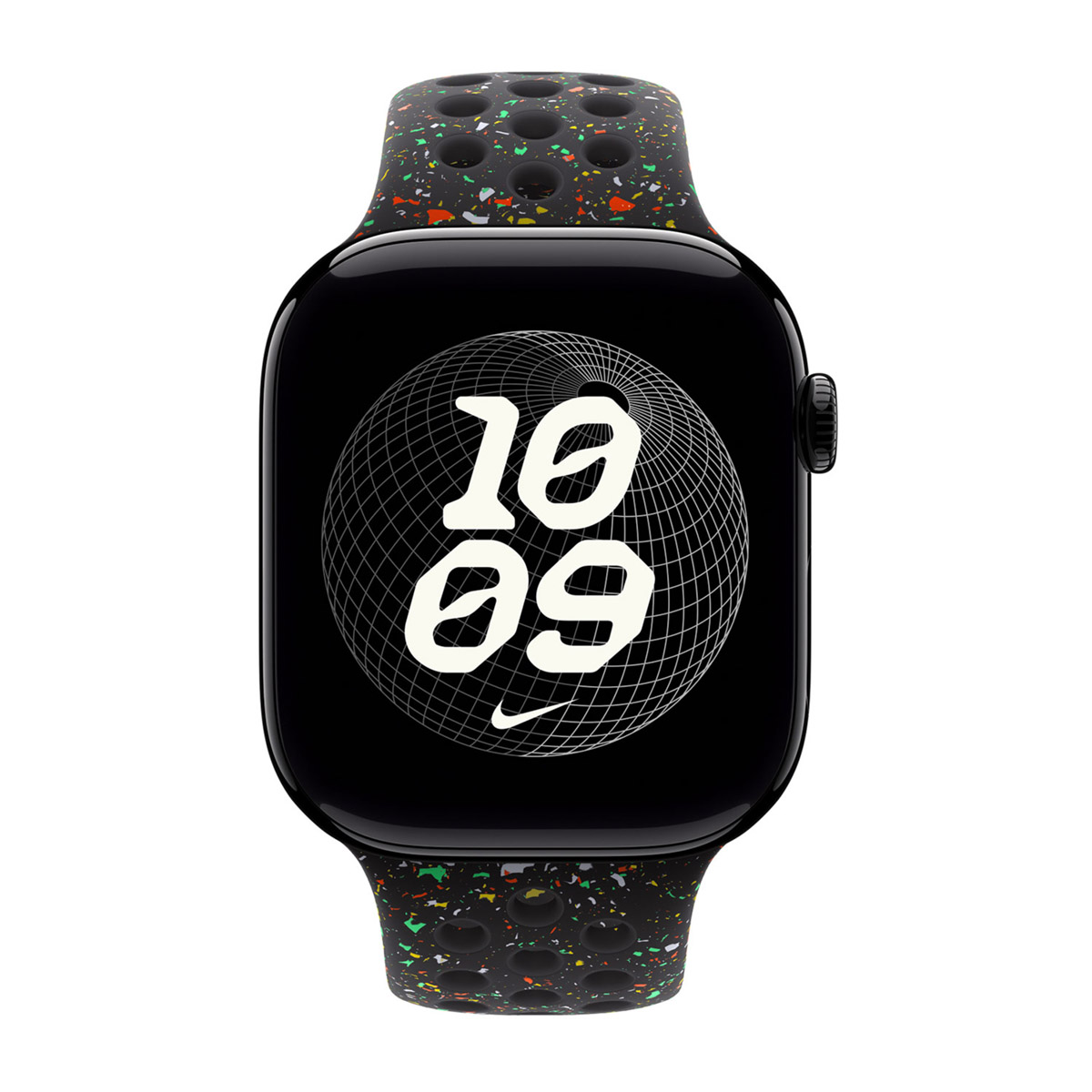 Un Apple Watch nero con un cinturino maculato mostra le 10:09 sullo schermo. Il cinturino ha macchie multicolore. L'orologio è su sfondo bianco.