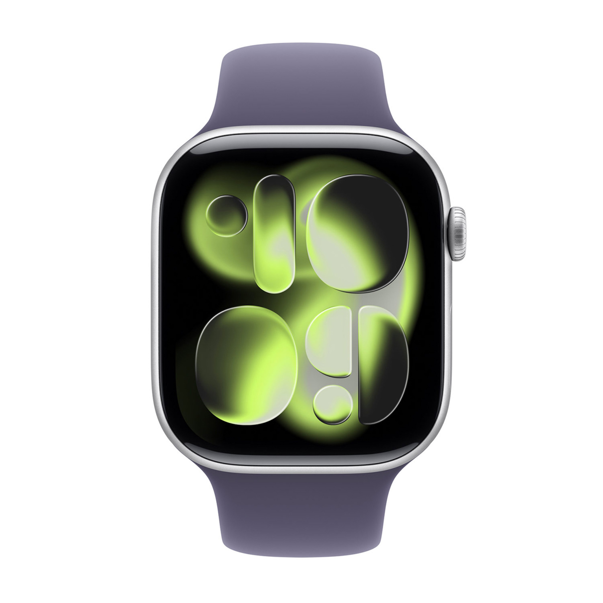 Un Apple Watch con cinturino viola, cornice argentata e quadrante con forme astratte verdi e nere.