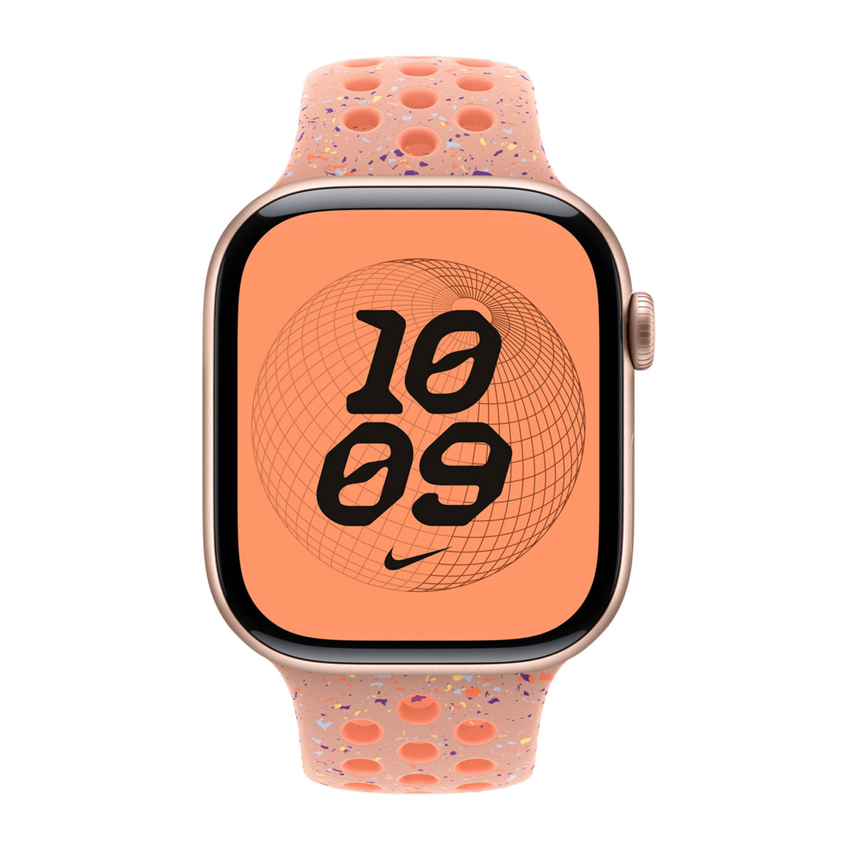 Apple Watch con cinturino color pesca. Il quadrante mostra l'ora 10:09 con il logo Nike. Il cinturino ha fori.