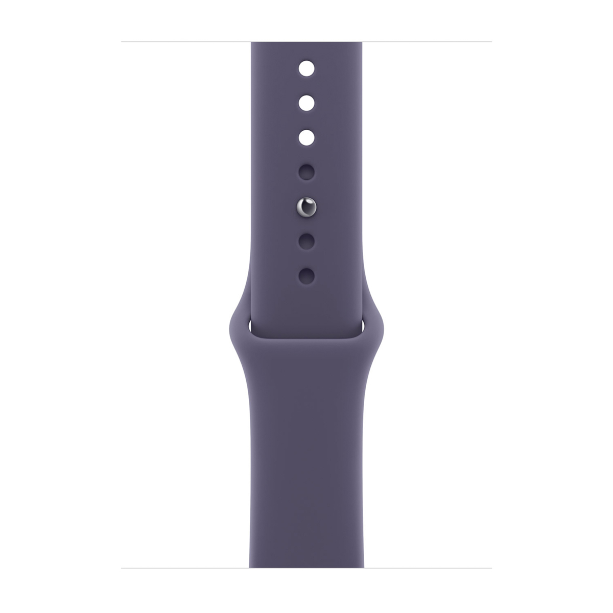 Primo piano di un cinturino viola. Ha fori, una chiusura in metallo, e sfondo bianco.