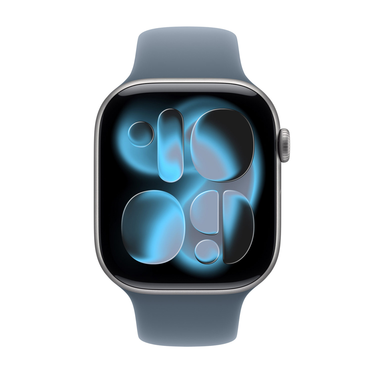 Eine Smartwatch mit blauem Armband und schwarzem Bildschirm, der ein Ziffernblatt mit blauen Akzenten anzeigt. Die Uhr befindet sich auf weißem Hintergrund.